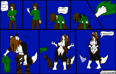 anthro big_breasts bite bite_mark black_body black_fur blush bottomwear breasts brown_body brown_fur brown_hair clothing crossgender dialogue female fluffy fur gender_transformation genitals green_eyes hair howl long_hair male moan multicolored_body multicolored_fur nipples nude nude_anthro nude_female pants pink_nipples shirt short_hair solo tail tail_motion tailwag text thick_thighs topwear torn_clothing transformation vulva white_body white_fur reena_dreamer mythology canid canine human mammal mythological_canine mythological_creature werecanid werecanine werecreature werewolf absurd_res comic english_text hi_res