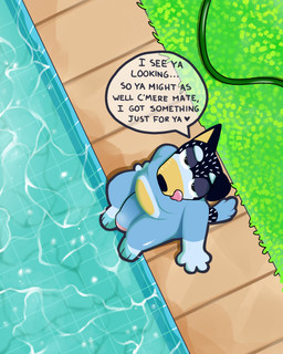 anthro big_penis blue_body blue_fur dialogue foreskin fur genitals half-closed_eyes humanoid_genitalia humanoid_penis looking_at_viewer male mature_anthro mature_male multicolored_body multicolored_fur narrowed_eyes nude penis poolside sitting skinny_dipping slightly_chubby solo speech_bubble talking_to_viewer text thick_penis water silbad bluey_(series) bandit_heeler australian_cattle_dog canid canine canis cattledog domestic_dog herding_dog mammal pastoral_dog 4:5 absurd_res english_text hi_res
