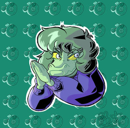 anthro clothed clothed_anthro clothed_female clothing female fingers freckled_face freckles front_view green_body green_hair grey_eyes hair hands_together humanoid_hands looking_aside medium_hair outline pattern_background purple_clothing purple_sweater purple_topwear simple_background smile smirk sneaky solo sweater topwear white_outline yellow_sclera jacles_chell cavemanon_studios i_wani_hug_that_gator olivia_halford baryonyx dinosaur prehistoric_species reptile saurischian scalie spinosaurid theropod absurd_res bust_portrait colored hi_res portrait shaded spanish_description watermark