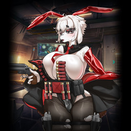 anthro armwear big_breasts biped breasts bulge clothing elbow_gloves explosives fake_ears fake_rabbit_ears fur gloves grenade gun gynomorph gynomorph_anthro hair handwear holding_gun holding_object holding_ranged_weapon holding_weapon huge_breasts inside intersex intersex_anthro playboy_bunny playboy_outfit ranged_weapon red_ears short_hair solo standing weapon white_body white_fur white_hair kua_yagi goddess_of_victory:_nikke bovid caprine goat mammal 1:1