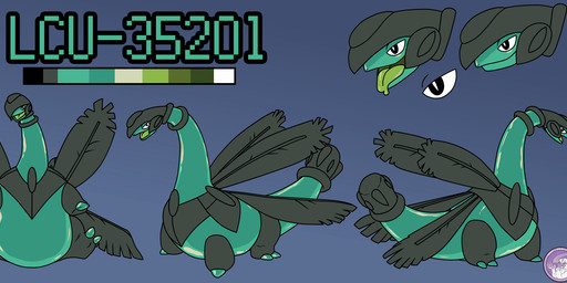 clone collar concept feral latex lcu lcu-35201 leaf open_mouth tail tongue tube hyperchibiabsol nintendo pokemon pokemon_the_first_movie generation_3_pokemon living_clone_unit pokemon_(species) tropius absurd_res hi_res model_sheet