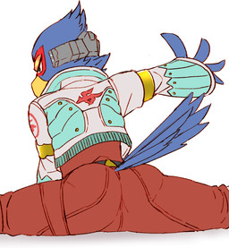 anthro beak belt blue_body boots butt clothed clothing flexible footwear green_eyes jacket male rear_view shoes solo splits spread_legs spreading stretching suggestive topwear teba_motoko nintendo star_fox falco_lombardi avian bird