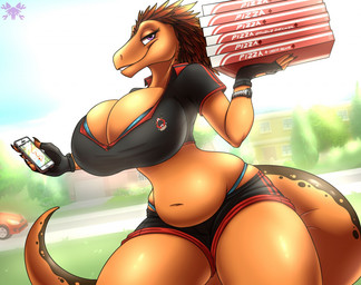 anthro belly big_breasts breasts cellphone cleavage clock clothed clothing curvy_figure electronics feathers female food gloves handwear huge_breasts looking_at_viewer navel non-mammal_breasts phone pizza potbelly purple_eyes slightly_chubby solo standing thick_thighs voluptuous watch wide_hips tacticalfur charlotte_grady dinosaur dromaeosaurid prehistoric_species reptile saurischian scalie theropod velociraptor 2018