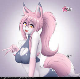 anthro breasts cleavage cleavage_cutout clothed clothing cutout deviantart_username dipstick_ears dipstick_tail ear_markings fangs female fur gesture glistening glistening_body glistening_hair glistening_tail gradient_background grey_clothing hair hand_gesture logo looking_at_viewer markings multicolored_ears multicolored_eyes newgrounds_username open_mouth open_smile pink_hair ponytail simple_background smile solo tail tail_markings teeth tongue twitter_handle v_sign white_body white_fur clouddg brand_new_animal studio_trigger nazuna_hiwatashi canid canine fox mammal signature