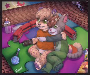 anthro baby_bottle black_border border clean_diaper clothed clothing controller detailed_background diaper duo exposed_diaper gesture green_eyes hand_gesture inside jigsaw_puzzle male onesie open_mouth pantsless pawpads plushie pointing rattle remote_control sitting text toddler toy_train wearing_diaper young young_anthro raineshadowpaw barney_and_friends disney pbs the_lion_king domestic_cat felid feline felis leopard mammal pantherine 2020 6:5 artist_name clip_studio_paint_(artwork) digital_media_(artwork) hi_res signature