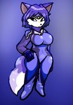 anthro blue_body blue_fur blue_hair bodysuit breasts clothed clothing female fur hair hand_on_hip looking_at_viewer serious_face simple_background skinsuit solo tail tight_clothing toony white_body white_fur unknown_artist zak898 nintendo star_fox krystal_(star_fox) canid canine fox mammal digital_media_(artwork)