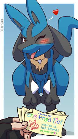 ambiguous_gender anthro black_body black_fur blue_body blue_fur blush blush_lines first_person_view fur heart_symbol leaning leaning_forward looking_at_viewer one_eye_closed orange_eyes spikes tan_body tan_fur text tongue tongue_out wink winking_at_viewer retsgar nintendo pokemon matt's_lucario_(retsgar) generation_4_pokemon human lucario mammal pokemon_(species) 9:16 english_text hi_res