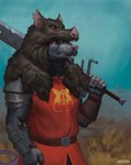 animal_skin anthro armor clothing facial_scar fur grey_body grey_fur male melee_weapon micro red_eyes scar solo sword tabard weapon buckovskiart pawpad_(jackhazardous) mammal murid murine rat rodent absurd_res hi_res