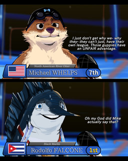 american_flag anthro black_bars blue_body blue_eyes blurred_background brown_body brown_fur cuban_flag dialogue duo electronics fur interview male medal microphone open_mouth purple_nose speciesism sport swimming_cap swimming_pool text united_states_of_america whiskers wonder3mporium olympics aquatic billfish fish istiophoriform mammal marlin mustelid otter 2026 absurd_res digital_media_(artwork) english_text hi_res letterbox