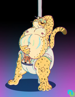 4_fingers 4_toes anthro armpit_hair armpit_tuft belly body_hair clean_diaper clothed clothing dancing diaper feet fingers fur looking_at_viewer male markings navel nipples overweight overweight_anthro overweight_male pole pole_dancing smile solo spots spotted_body spotted_fur toes tuft wearing_diaper whiskers yellow_body yellow_fur nenanauso disney zootopia benjamin_clawhauser nick_wilde cheetah felid feline mammal 2022 digital_media_(artwork)