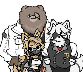 anthro brown_body brown_fur chain_necklace clothing crop_top eye_patch eye_scar eyewear facial_scar female fur group jacket jewelry male mask midriff necklace scar shirt simple_background smile topwear trio vest white_background white_body white_fur yellow_body yellow_fur sonwooang mihoyo zenless_zone_zero ben_bigger pulchra_fellini von_lycaon bear canid canine canis felid feline mammal thiren wolf 2025 hi_res