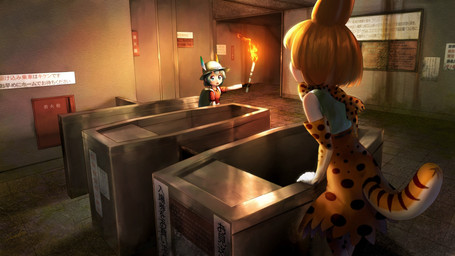 armor backpack black_clothing black_gloves black_handwear bottomwear clothing duo female fire gloves handwear headgear helmet holding_object holding_torch inside pith_helmet red_clothing red_shirt red_topwear ruins shirt skirt text topwear torch young corpsmanwelt kemono_friends kaban-chan serval-chan animal_humanoid felid felid_humanoid feline feline_humanoid human humanoid mammal mammal_humanoid serval_humanoid 16:9 4k absurd_res hi_res japanese_text widescreen