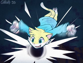 attack blue_eyes clothing hoodie plant topwear tree coffeefly fudge_(fudgepop691) domestic_cat felid feline felis mammal hi_res
