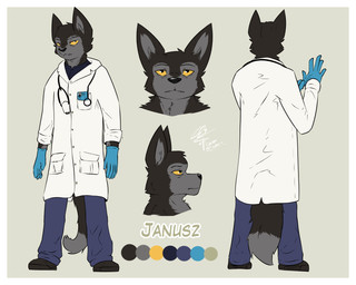 5_fingers :< angry anthro big_ears black_body black_clothing black_footwear black_fur black_shoes blue_bottomwear blue_clothing blue_gloves blue_handwear blue_pants blue_topwear border bottomwear clothing coat collared_shirt color_swatch dipstick_tail doctor dress_shirt eyebrows fingers fluffy fluffy_tail footwear fur glove_snap gloves grey_body grey_fur handwear id_card lab_coat male markings medical_gloves medical_instrument multicolored_body multicolored_fur pants rolled_up_sleeves scientific_instrument shirt shoes snaggle_tooth solo standing stethoscope tail tail_markings text tired topwear tuft two_tone_body two_tone_fur white_border white_clothing white_topwear yellow_eyes slavv0 janusz canid canine canis hybrid mammal wolf wolfdog 2024 5:4 hi_res model_sheet signature