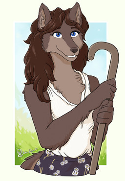 5_fingers anthro biped blue_eyes breasts brown_body brown_fur brown_hair chest_tuft clothed clothed_anthro clothed_female clothing day female fingers floral_print front_view fur grass hair happy holding_object humanoid_hands inner_ear_fluff long_hair looking_at_viewer outside plant shirt small_breasts smile solo standing tank_top teeth text topwear tuft white_clothing white_shirt white_tank_top white_topwear vuko-jebina canid canine canis mammal wolf 2019 artist_name half-length_portrait hi_res portrait story_at_source