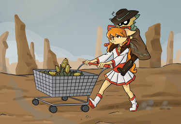 :3 accessory annoyed anthro asian_clothing badge bell bell_collar boots bottomwear bow_accessory bow_ribbon carrying_another clothed clothing collar corn cowboy cowboy_boots cowboy_hat cowboy_outfit desert duo east_asian_clothing facial_tuft female fingers fishnet_clothing fishnet_topwear flat_chested food footwear fur gloves green_body hair hair_accessory hair_bow hair_ribbon handwear hat headgear headwear japanese_clothing kerchief kimono male orange_body orange_fur orange_hair outside piggyback plant poncho pushing_cart red_eyes ribbons rock sash shadowed_eyes shoes shopping_cart star text topwear tuft walking yellow_body snoutless undertale undertale_(series) undertale_yellow ceroba_ketsukane starlo_(undertale_yellow) canid canine fox humanoid mammal unknown_species 2025 absurd_res artist_name digital_drawing_(artwork) digital_media_(artwork) hi_res