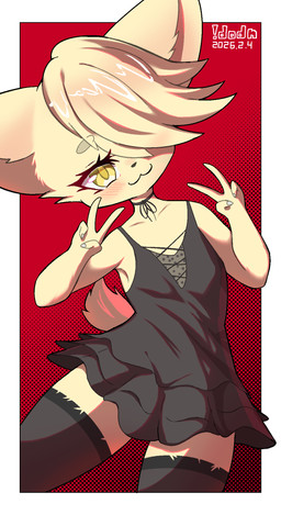 :3 anthro black_clothing black_nose blush cheek_tuft choker clothing dress eyebrows eyelashes facial_tuft female fur gesture hair hair_over_eye hand_gesture jewelry kemono legwear nails necklace one_eye_obstructed short_dress short_tail solo tail tan_body tan_ears tan_fur tan_hair tan_tail thigh_highs tuft v_sign yellow_eyes !dodn hazuki_mikami_(hasukii) canid canine canis mammal hi_res