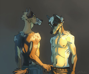5_fingers anthro bottomwear bottomwear_pull clothed clothing clothing_pull cross cross_necklace denim denim_bottomwear denim_clothing duo fingers furgonomic_bottomwear furgonomics jeans jewelry male male/male navel necklace nipples nude pants pants_pull simple_background smile topless akella-yukami canid canine mammal 2020 digital_media_(artwork) hi_res