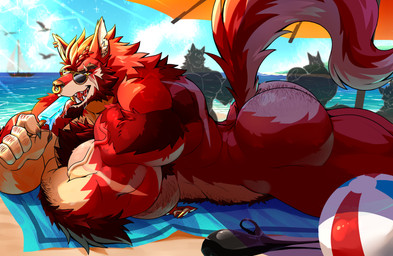 2_penises abs anthro areola arm_hair ball barazoku beach beach_ball beard big_butt big_muscles big_pecs big_penis body_hair butt butt_hair chest_hair chest_tuft ear_piercing ear_ring eyewear facial_hair facial_piercing genitals happy_trail huge_butt huge_pecs inflatable looking_at_viewer male multi_genitalia multi_penis muscular muscular_anthro muscular_male nipple_piercing nipples nose_piercing nose_ring nude pecs penis piercing pubes ring_piercing scar solo sunglasses tongue tuft daikitei ren_(daikitei) canid canine canis mammal wolf 2025 absurd_res hi_res