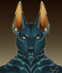 ear_piercing ear_ring looking_at_viewer markings piercing ring_piercing simple_background solo yellow_eyes rogueliger canid canine mammal 2022 bust_portrait digital_media_(artwork) portrait