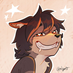 ambiguous_gender anthro bodily_fluids brown_body brown_fur brown_hair drooling fangs fur hair heart_eyes heart_symbol inner_ear_fluff orange_eyes orange_hair ponytail saliva simple_background smile solo star tan_body tan_fur teeth tooth_gap tuft stickyhedge hedge_(stickyhedge) 1:1 2026 headshot_portrait hi_res portrait signature