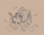 anthro clothing duo fall_leaves male male/male nuzzling scarf sweater topwear shaulah caelus gabriel_fahn canid canine felid lion mammal pantherine absurd_res bust_portrait hi_res huge_filesize portrait sketch