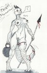 anthro basket container female melee_weapon nipple_piercing nipples nude nude_female oblivious piercing polearm red_eyes solo spear squish tail tail_motion text thigh_squish thigh_strap weapon wrappings hcrimsonknight kobold scalie 2025 absurd_res english_text hi_res signature traditional_media_(artwork)