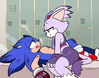 anthro bedroom_eyes black_nose blue_body blue_fur bottomwear bruised clothed clothed_anthro clothed_female clothed_male clothing crop_top duo eye_contact female fight fire footwear fur gloves green_eyes handwear locker_room looking_at_another male male/female narrowed_eyes pale_body pale_skin purple_body purple_fur seductive shirt shoes shorts smile smiling_at_another smiling_at_partner smirk text topwear yellow_eyes quavernsfw dreamworks sega sonic_the_hedgehog_(series) the_bad_guys blaze_the_cat sonic_the_hedgehog domestic_cat eulipotyphlan felid feline felis hedgehog mammal english_text hi_res signature