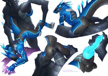 3_fingers 3_toes anal anal_penetration anthro black_body black_penis blue_body blue_penis blue_precum bodily_fluids dripping duo feet fingers from_behind_position genital_fluids genitals hand_on_back holding_both_legs holding_penis knot knotted_penis machine male male/male mechanical_penis muscular muscular_anthro muscular_male penetration penis precum precum_drip sex tail text tight_fit toes ket-dawnatsunset rahhar ryker_the_synth robot robot_anthro synth_(vader-san) 2025 absurd_res artist_name digital_drawing_(artwork) digital_media_(artwork) hi_res multiple_scenes url
