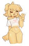 4_toes anthro bottomless bottomless_anthro bottomless_female clothed clothing dripping_slime eyes_closed feet female heart_symbol looking_at_viewer open_mouth shirt simple_background slime solo t-shirt toes topwear white_background yellow_slime crayon_(artist) canid canine canis domestic_dog goo_creature hybrid mammal hi_res