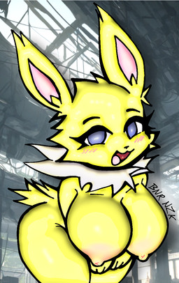 anthro big_breasts big_butt breasts butt electricity female huge_breasts solo yellow_body bnrnzk nintendo pokemon eeveelution generation_1_pokemon jolteon pokemon_(species)
