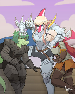 anthro arm_around_neck armor bald biped blonde_hair blue_eyes bone_frill cape clothed clothed_anthro clothed_female clothed_human clothed_male clothing cloud cosplay day dominant dominant_anthro dominant_female eyewear female fingers frill_(anatomy) frown green_body green_hair grey_eyes group hair hand_on_head humanoid_hands long_hair long_tail male open_frown open_mouth outside pink_body short_hair sky smile smirk smug spiked_tail spikes spikes_(anatomy) standing sunglasses tail text trio yellow_sclera ok-nobody-3893 berserk_(series) cavemanon_studios i_wani_hug_that_gator casca_(berserk) griffith_(berserk) guts_(berserk) inco_(iwhtg) mia_moretti olivia_halford baryonyx dinosaur hadrosaurid human mammal ornithischian ornithopod parasaurolophus prehistoric_species reptile saurischian scalie spinosaurid theropod 2025 4:5 artist_name colored shaded