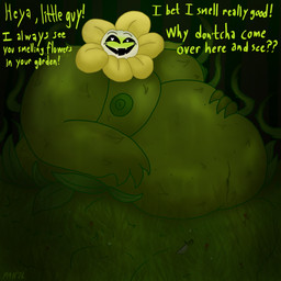 areola aroused aroused_face aroused_male aroused_smile belly big_belly black_sclera blush blushing_profusely bodily_fluids dialogue fangs flower grass hand_on_belly heart_eyes heart_symbol huge_belly knife leaf leaves_on_body leaves_on_ground looking_at_viewer male moobs morbidly_obese morbidly_obese_male navel night nipples obese obese_male overweight overweight_male petals plant pupils roots smile smiling_at_viewer solo sweat sweaty_body talking_to_viewer teeth tentacles text thorns tree tricking_prey vine_tentacles vines white_pupils m4n undertale undertale_(series) flowey_the_flower elemental_creature flora_fauna 1:1 english_text hi_res