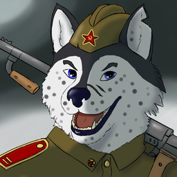 anthro anti-tank_gun blue_eyes fur gun male markings ranged_weapon russian simple_background smile solo soviet_union spots spotted_body spotted_fur toony weapon shekles canid canine canis domestic_dog felid husky leopard mammal nordic_sled_dog pantherine spitz 1:1