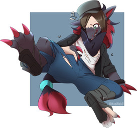 ambiguous_gender anthro blue_background blue_bottomwear blue_clothing blue_pants bodily_fluids body_part_growth border bottomwear brown_hair chest_tuft claw_growth claws clothing confusion digitigrade finger_claws fur fur_growth green_eyes grey_body grey_fur growth hair hat headgear headwear human_to_anthro inner_ear_fluff interrobang long_hair looking_at_self mid_transformation pants red_claws red_hair shirt simple_background sitting solo species_transformation spread_legs spreading sweat topwear torn_bottomwear torn_clothing torn_pants torn_shirt torn_shoes torn_topwear transformation tuft white_border white_clothing white_shirt white_topwear fujoshiineko nintendo pokemon canid canine generation_5_pokemon human mammal pokemon_(species) zoroark digital_media_(artwork) hi_res shaded