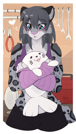 anthro biped bottomwear breasts claws clothed clothed_anthro clothed_female clothing countershade_torso countershading female fingers front_view fully_clothed fully_clothed_anthro fully_clothed_female fur hair inside plushie solo spots standing tail topwear whiskers wolflady felid feline mammal 2026 digital_drawing_(artwork) digital_media_(artwork)