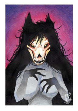 anthro black_sclera bone border breasts female grey_body hand_on_breast sharp_teeth skull skull_head solo teeth white_border yellow_eyes zwitterkitsune scp_foundation scp-1471-a canid canine canis human mammal wolf hi_res painting_(artwork) watercolor_(artwork)