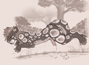 anthro bodily_fluids cum cum_on_ground erection eyes_closed fangs genital_fluids hair lying male markings nude on_front open_mouth outside plant short_hair shrub side_view solo spots spotted_arms spotted_back spotted_legs spotted_markings spotted_tail tail tail_markings teeth tree seraphictiger kemper felid mammal hi_res monochrome