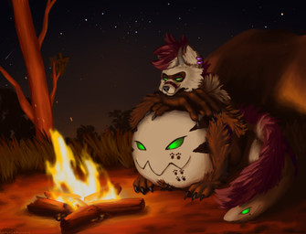 anthro belly_mouth body_horror camp campfire dark ear_piercing footprint fur green_eyes male male_pred multicolored_body multicolored_fur night outside pawprint piercing solo stomach_face tail tail_mouth unusual_anatomy unusual_tail lemurlemurovich canid canine fox mammal monster