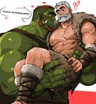 2022 2023 abs arm_guards barbarian beard biceps blush bottomwear clothing comic comic_panel dialogue dopq duo english_text facial_hair fangs fur_pelt fur_trim_(clothing) green_body green_skin hair heart_symbol hi_res human humanoid larger_male lifting_partner male male/male mammal muscular muscular_human muscular_humanoid muscular_male nervous nipples nose_scar orc pecs question_mark red_hair shaved_sides shin_guards size_difference smaller_male speech_bubble teeth text vein veiny_muscles white_hair