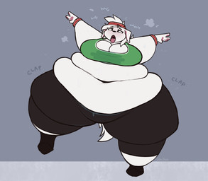 accessory anthro belly big_belly big_breasts bodily_fluids breasts cleavage clothed clothing exercise female fur hair headband navel obese obese_anthro obese_female open_mouth overweight overweight_anthro overweight_female simple_background solo sweat sweaty_clothing text tongue tongue_out white_body white_fur white_hair nom-sympony canid canine canis domestic_dog mammal nordic_sled_dog samoyed spitz 2021 hi_res
