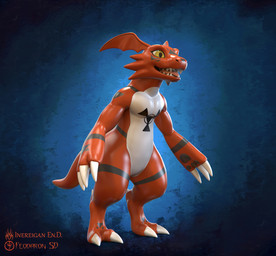2_toes abstract_background claws digitigrade feet looking_aside open_mouth open_smile smile solo standing toes feodaron_sd inereigan bandai_namco digimon digimon_(species) guilmon 2021 3d_(artwork) digital_media_(artwork) hi_res