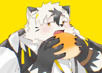 anthro bread bun_(food) eating far food fur male solo white_body white_fur yellow_eyes marutoafu tamacolle arctos_(tamacolle) bear mammal polar_bear ursine hi_res