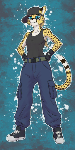 :< abstract_background anthro arm_markings arm_tuft arms_bent baseball_cap belt biped black_ears black_eyebrows black_markings black_nose black_spots black_stripes blue_background blue_bottomwear blue_clothing blue_eyes blue_pants blue_sclera blue_text bottomwear breasts cargo_pants cheek_markings cheek_tuft clothed clothed_anthro clothed_female clothing collarbone countershade_arms countershade_face countershade_fur countershade_neck countershade_torso countershading dipstick_tail elbow_tuft eye_markings eyebrows facial_markings facial_tuft female female_anthro fingerless_gloves fingers footwear front_view fully_clothed fully_clothed_anthro fully_clothed_female fur fur_markings fur_tuft gloves green_belt grey_baseball_cap grey_clothing grey_fingerless_gloves grey_footwear grey_gloves grey_handwear grey_hat grey_headwear grey_shirt grey_shoes grey_sneakers grey_tank_top grey_topwear hair hands_on_hips handwear hat head_markings headgear headwear iris long_hair long_tail looking_at_viewer markings monotone_baseball_cap monotone_bottomwear monotone_clothing monotone_hair monotone_hat monotone_headwear monotone_pants monotone_shirt monotone_tank_top monotone_topwear mouth_closed multicolored_body multicolored_clothing multicolored_ears multicolored_footwear multicolored_fur multicolored_shoes multicolored_sneakers neck_markings outline pants plantigrade pose pupils ring_(marking) ringed_tail shirt shoelaces shoes shoulder_markings shoulder_tuft sideways_baseball_cap simple_background skater slim slim_anthro slim_female slit_pupils small_breasts sneakers solo spots spotted_body spotted_fur spotted_markings spotted_tail standing straight_legs striped_markings striped_tail stripes tail tail_markings tan_hair tank_top text text_on_clothing text_on_gloves text_on_handwear tied_hair tomboy topwear tuft two_tone_clothing two_tone_ears two_tone_footwear two_tone_shoes two_tone_sneakers white_body white_clothing white_countershading white_fingers white_footwear white_fur white_inner_ear white_markings white_outline white_shoelaces white_shoes white_sneakers white_tail_tip white_text wrist_guards yellow_body yellow_ears yellow_fur yellow_tail yellow_tuft dawnlux dawn_(dawnlux) cheetah felid feline mammal 1:2 2026 absurd_res artist_name dated digital_media_(artwork) full-length_portrait hi_res portrait