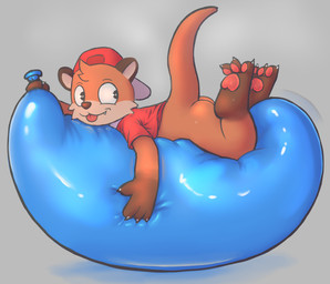 anthro balloon balloon_fetish biped bouncing_on_balloon butt claws clothing holding_balloon inflatable looking_aside lying male on_balloon on_front pawpads paws raised_paw raised_tail shirt simple_background solo tail toe_claws tongue tongue_out topwear badipoki vtuber chester_the_otter mammal mustelid otter absurd_res hi_res