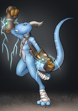 action_pose animal_genitalia anthro bag clenched_teeth clothing collar digitigrade electricity feet foot_wraps genital_slit genitals gloves handwear horn jacket male melee_weapon mostly_nude pose pupils simple_background slit_pupils solo technology teeth topwear weapon wraps danaume kobold scalie hi_res