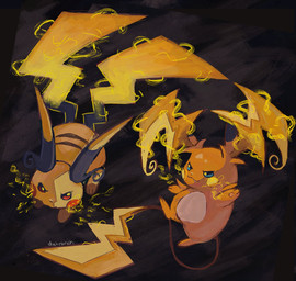 2_tails abstract_background ambiguous_gender anthro duo electricity fangs feral fur markings multi_tail orange_body orange_fur pawpads paws red_eyes semi-anthro striped_markings stripes tail teal_eyes teeth yellow_body dietranch nintendo pokemon pokemon_legends_z-a generation_9_pokemon mega_evolution mega_raichu mega_raichu_x mega_raichu_y pokemon_(species) 2025 hi_res signature