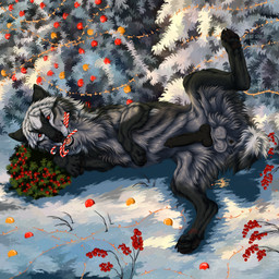 anus black_body black_fur black_nose black_pawpads black_penis candy_cane_in_mouth feral fur genitals grey_body grey_fur knot looking_at_viewer lying male male_feral on_side pawpads penis plant presenting presenting_anus presenting_balls presenting_penis red_eyes shrub snow solo spread_legs spreading text msdeadsoul canid canine mammal 1:1 english_text hi_res