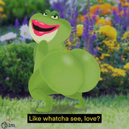 anthro big_butt bubble_butt butt female flower green_body huge_butt lips looking_at_viewer pink_lips plant solo text_box twerking unknown_artist nanette_(gnomeo_and_juliet) amphibian frog 2022 animated signature