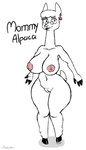 anthro big_breasts breasts ear_piercing eyewear eyewear_only female fur genitals glasses glasses_only hooves lipstick long_neck makeup mature_anthro mature_female nipples nude piercing pussy simple_background solo standing tall thick_thighs toony wearing_glasses white_body white_fur avioylin mommy_alpaca alpaca camelid mammal 4:7 hi_res